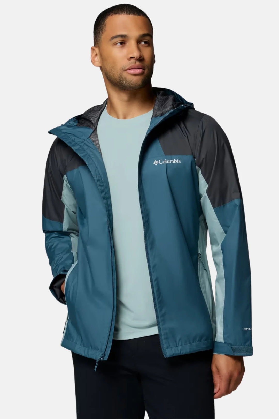 Men's waterproof jacket with hood, teal blue front and dark shoulders and sleeves