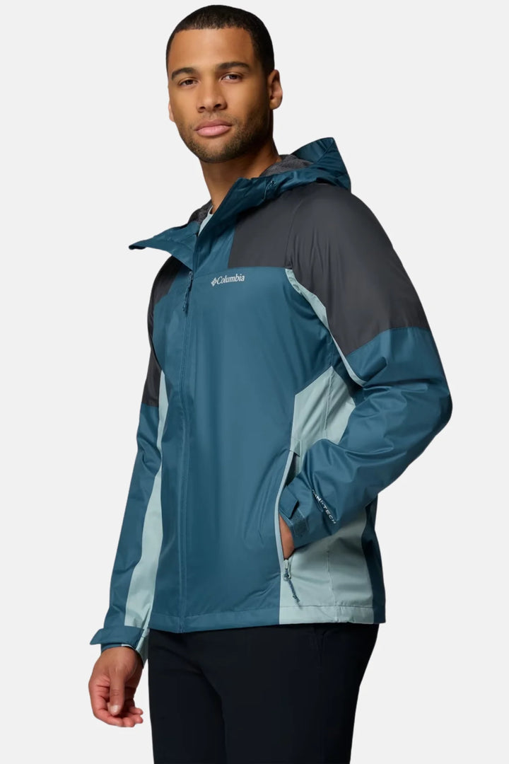 Men's waterproof jacket, teal blue front with dark hood and shoulder panels