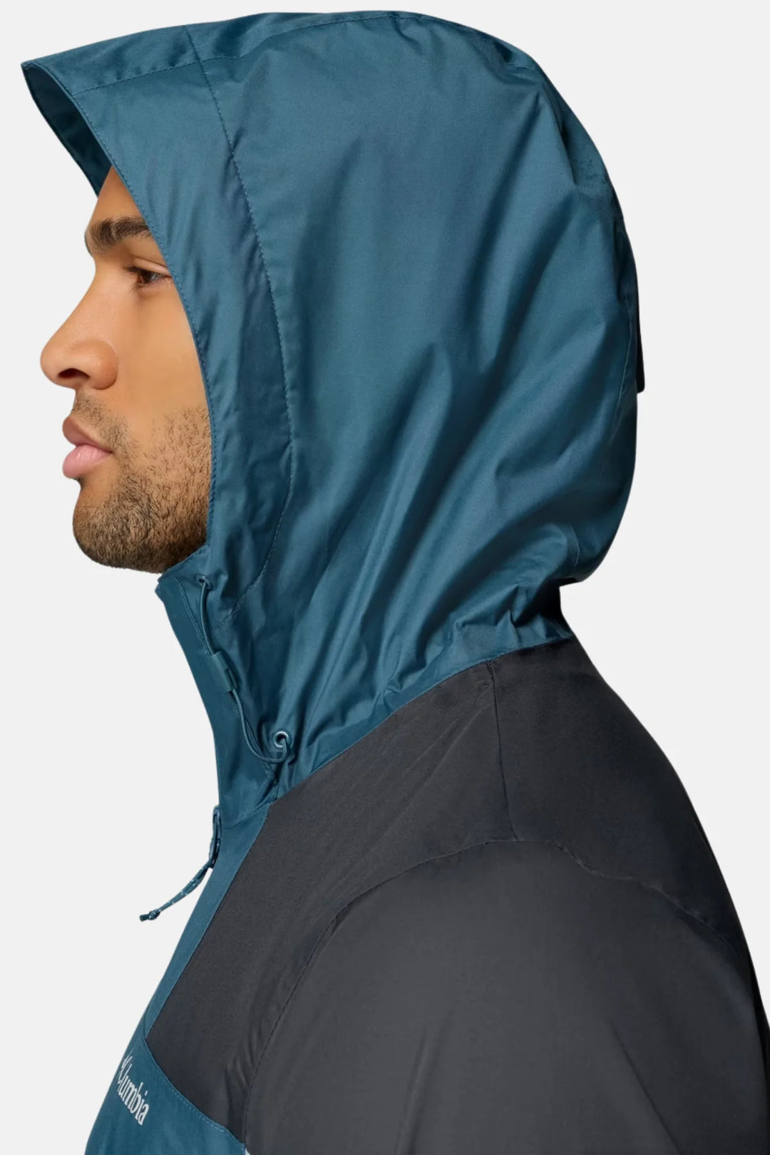 Men's waterproof jacket hood and face opening, teal blue with dark trim