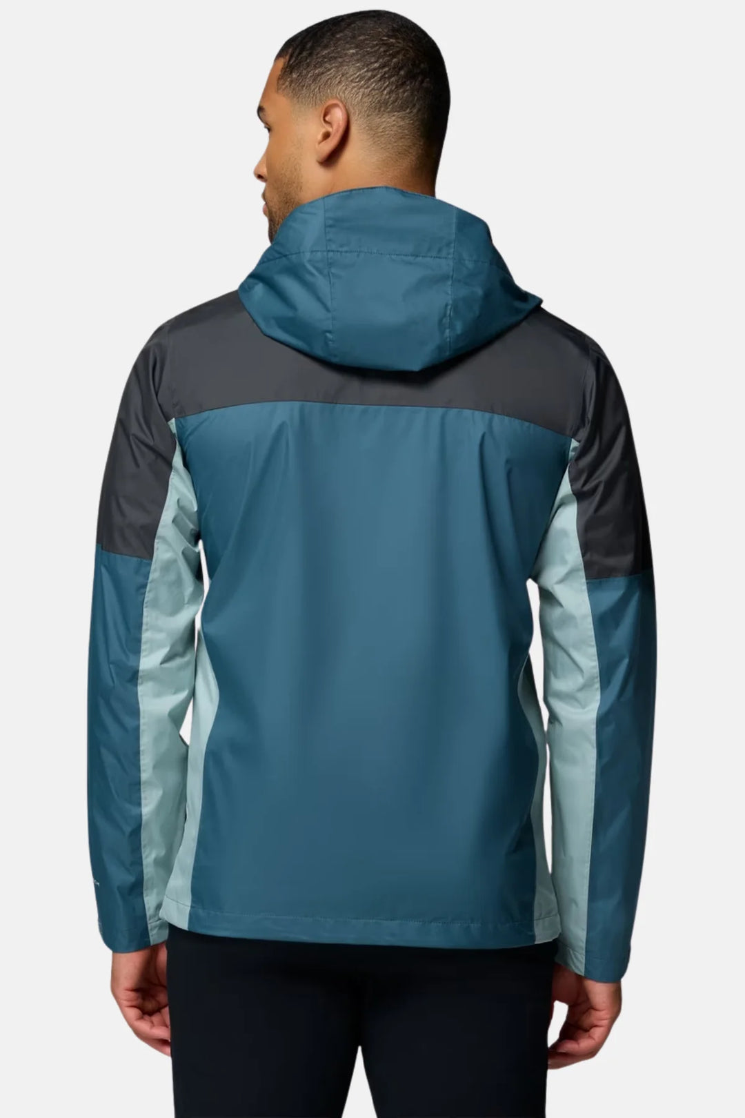 Men's waterproof jacket back view, teal blue center with dark rear hood