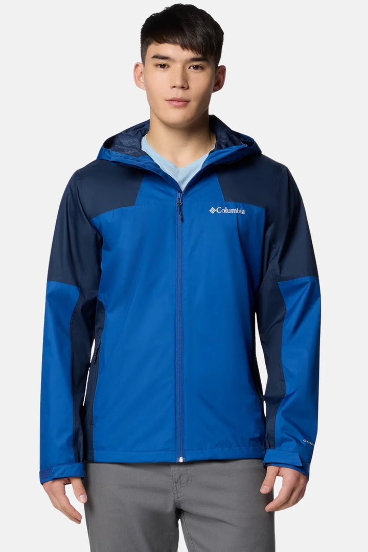 Mens waterproof jacket in blue and dark navy, full-zip with hood, logo at chest