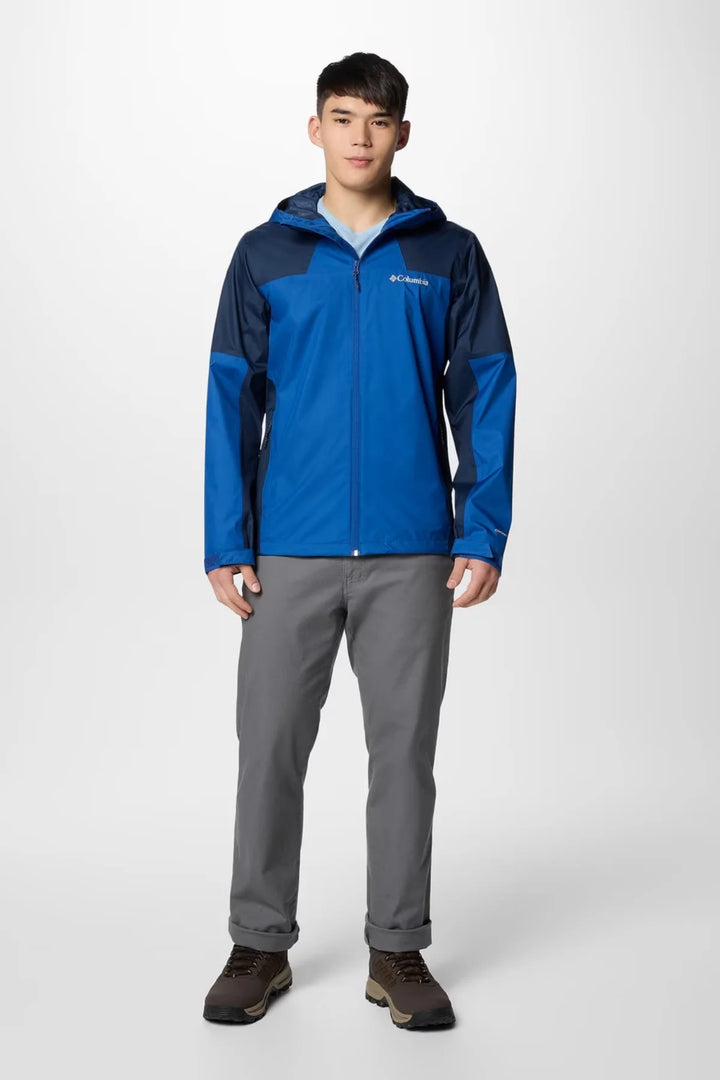 Mens waterproof jacket with hood, blue and dark navy panels, full-zip front