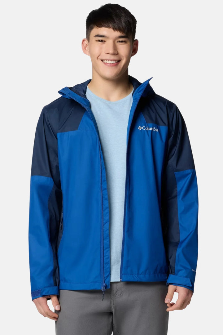Mens waterproof jacket with hood, blue body and dark navy sleeves, full-zip front