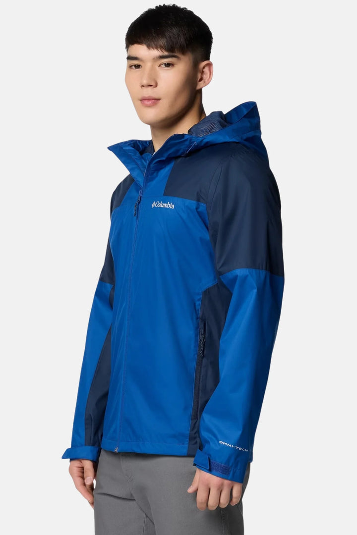 Mens waterproof jacket in blue with dark navy panels, hooded full-zip front