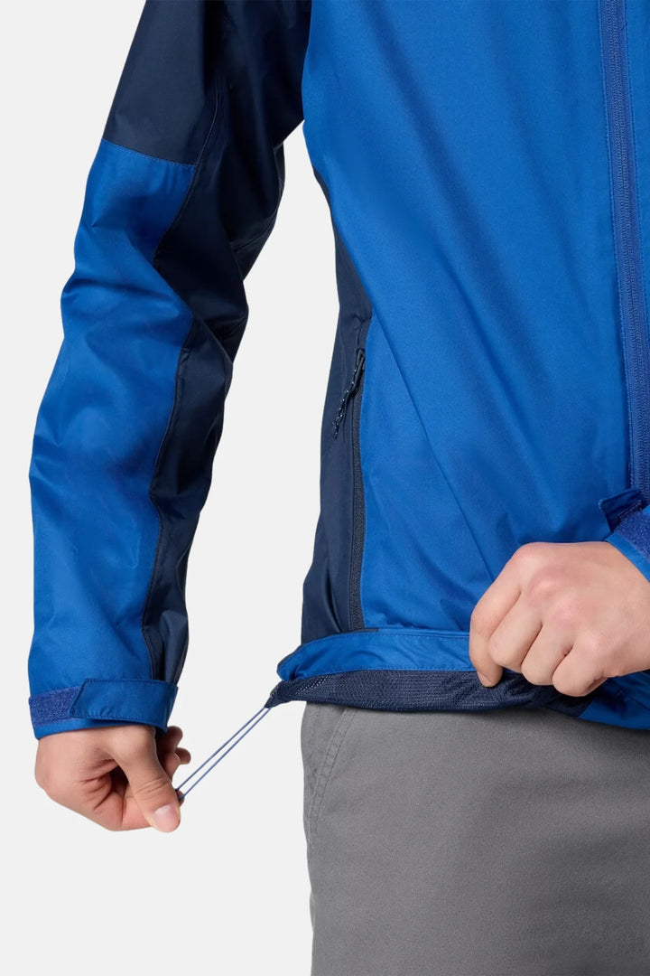 Waterproof jacket cuff and hem detail, blue shell with dark navy yoke