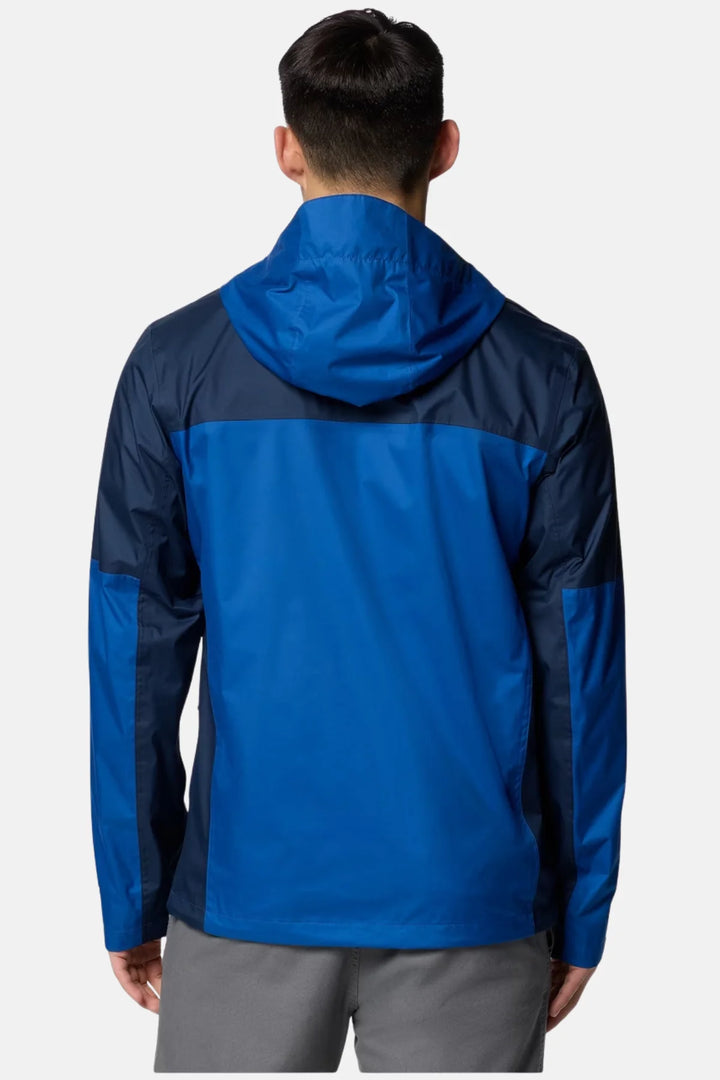 Mens waterproof jacket back view with hood, blue center panel and dark navy sleeves
