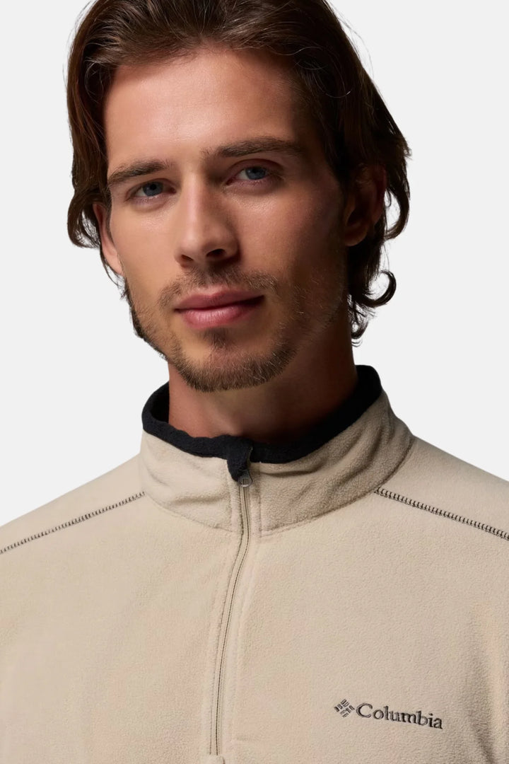 Half-zip fleece top, beige with chest logo and stand collar