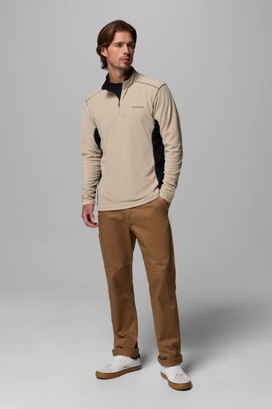 Half-zip fleece top with stand collar, beige fleece with dark side panels