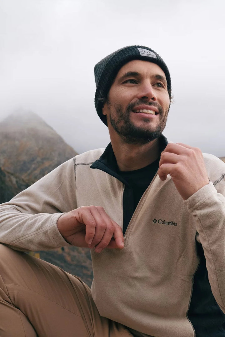 Half-zip fleece top, beige with dark trim and stand collar
