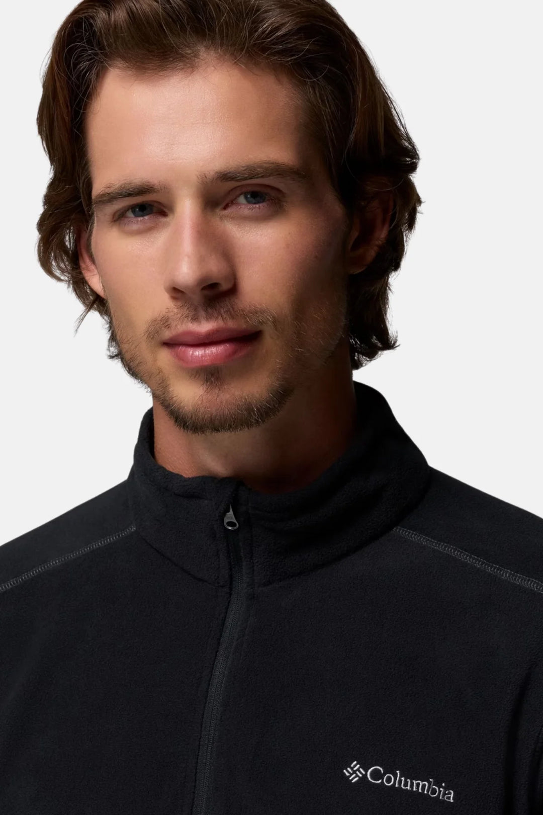 Black Columbia half-zip fleece top with stand collar and chest logo