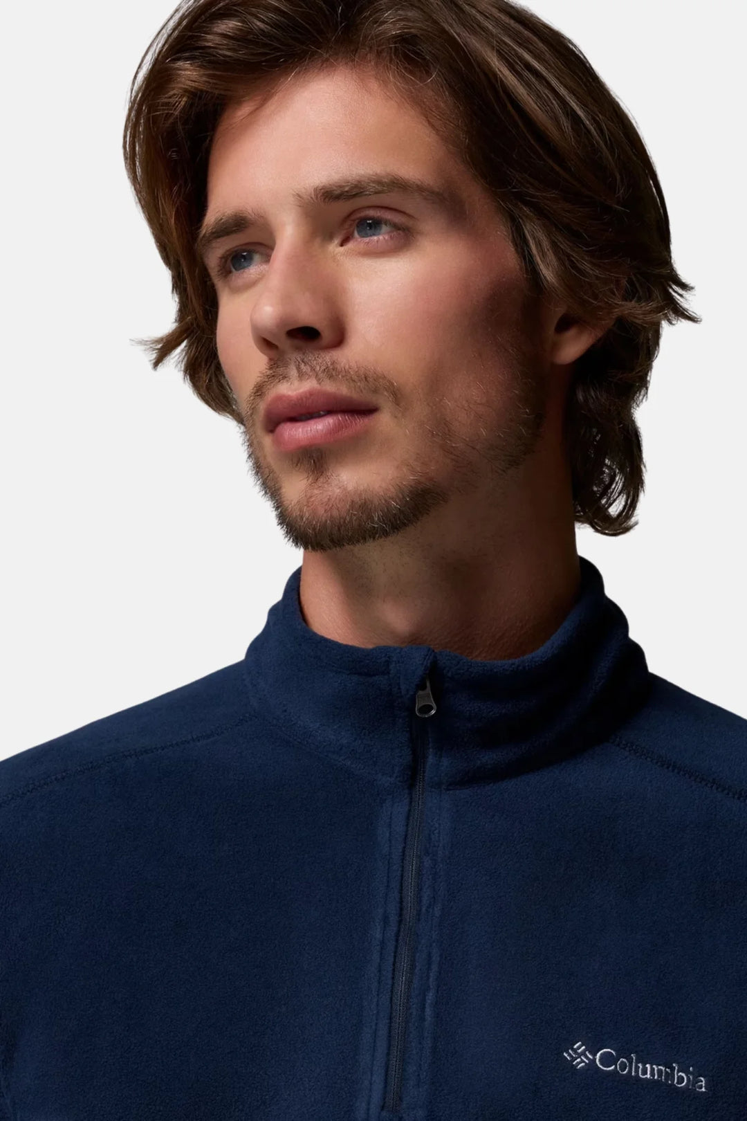 Navy half-zip fleece top close-up of collar and front zipper