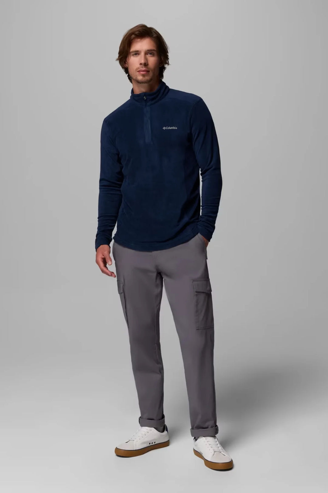 Navy half-zip fleece top with long sleeves and front zipper