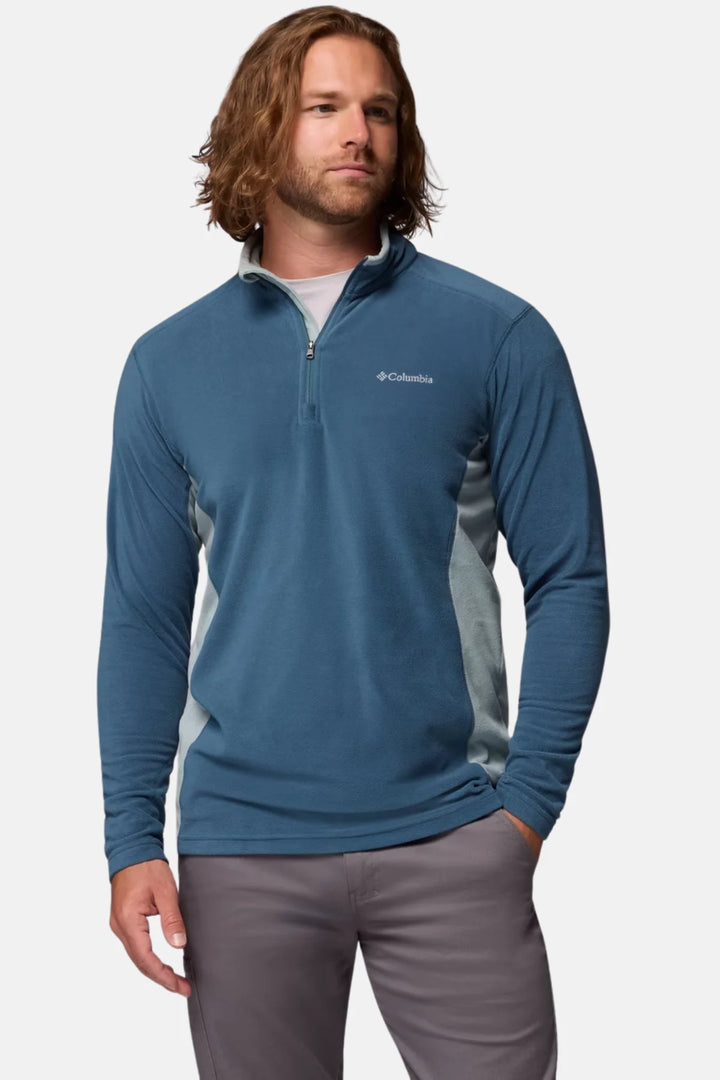 Blue half-zip fleece top with long sleeves and mock neck, Columbia logo at chest