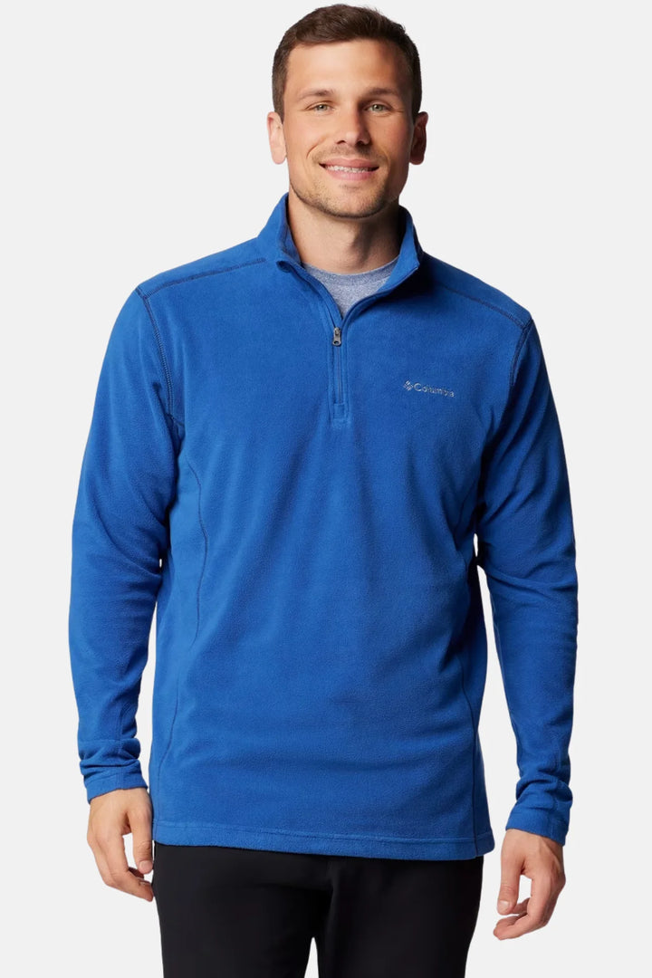 Men's blue fleece half-zip pullover with stand collar