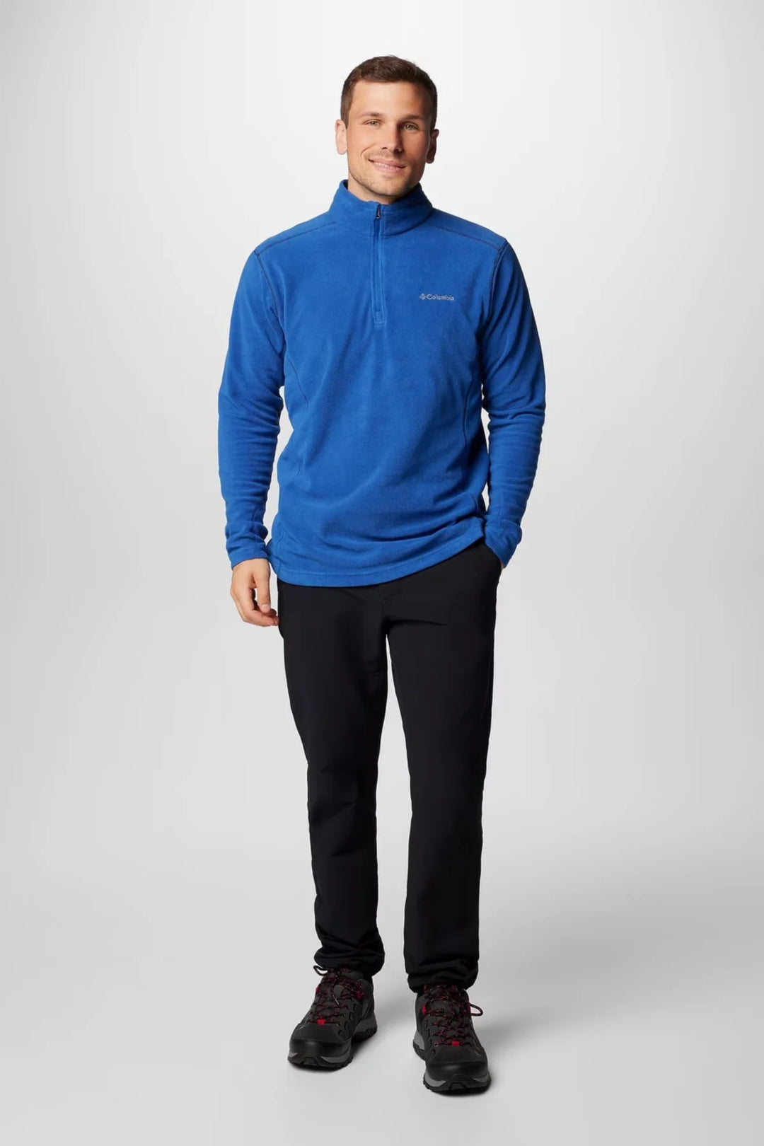Men's blue fleece half-zip pullover with long sleeves, front view