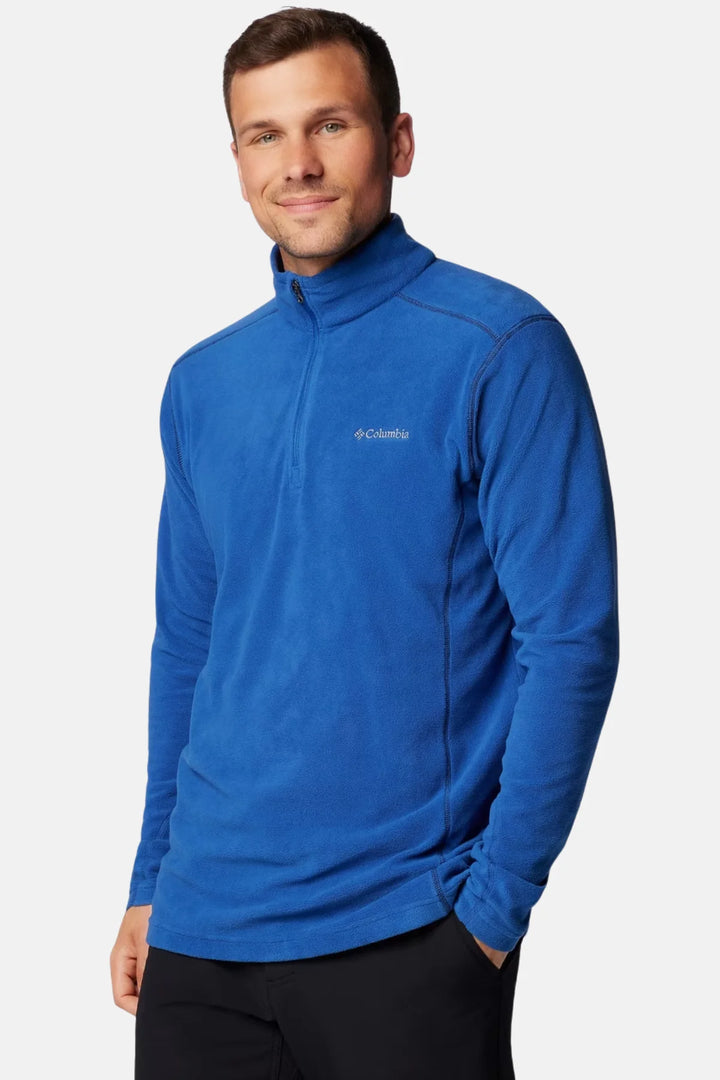 Men's blue fleece half-zip pullover, quarter-turn front view
