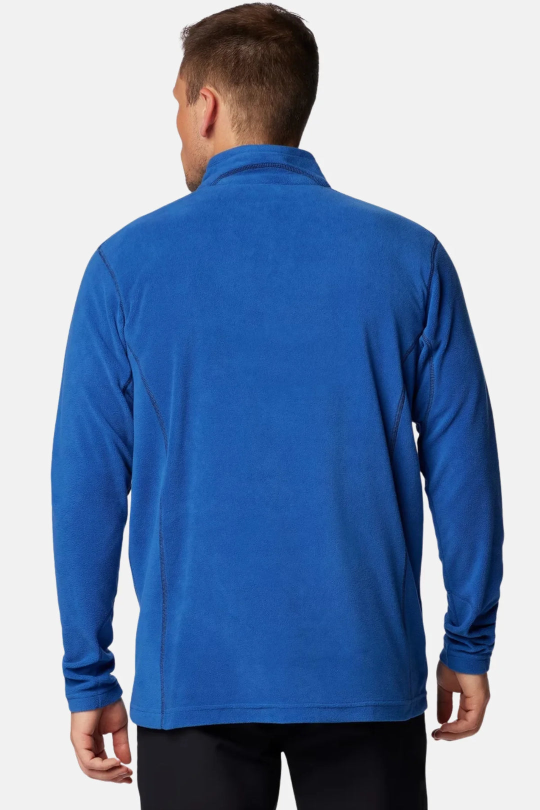 Men's blue fleece half-zip pullover, back view with long sleeves