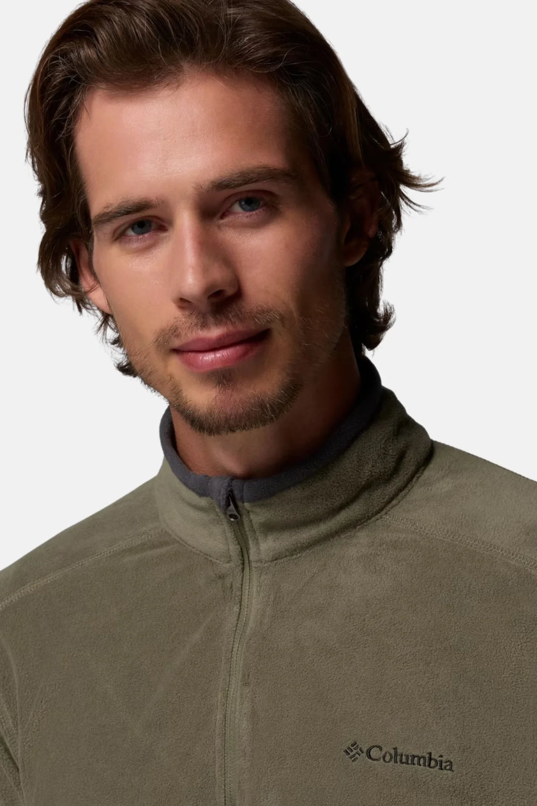 Columbia Klamath Range II half-zip fleece top, olive green, front zipper and chest logo