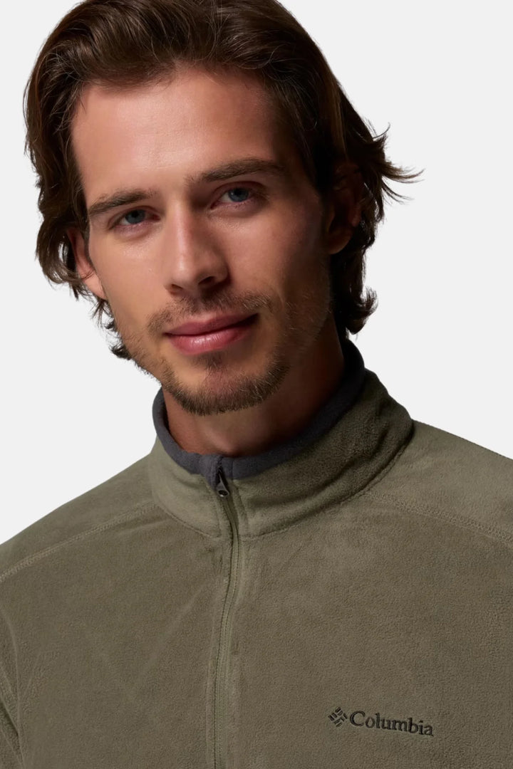 Columbia Klamath Range II half-zip fleece top, olive green, front zipper and chest logo