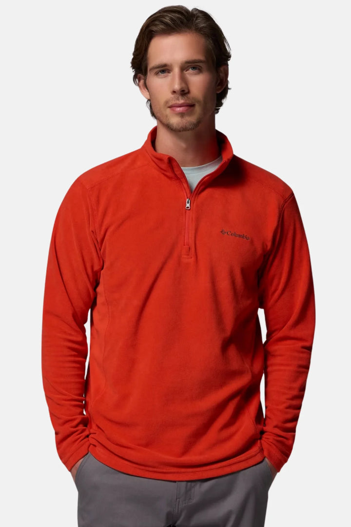 Red half-zip fleece top with stand collar and chest logo