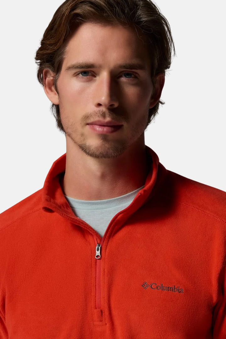 Red half-zip fleece top with stand collar and Columbia logo at chest