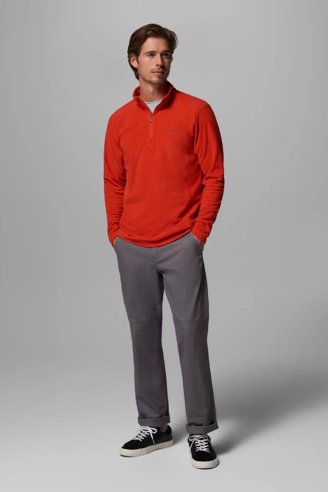 Red half-zip fleece top with long sleeves and stand collar