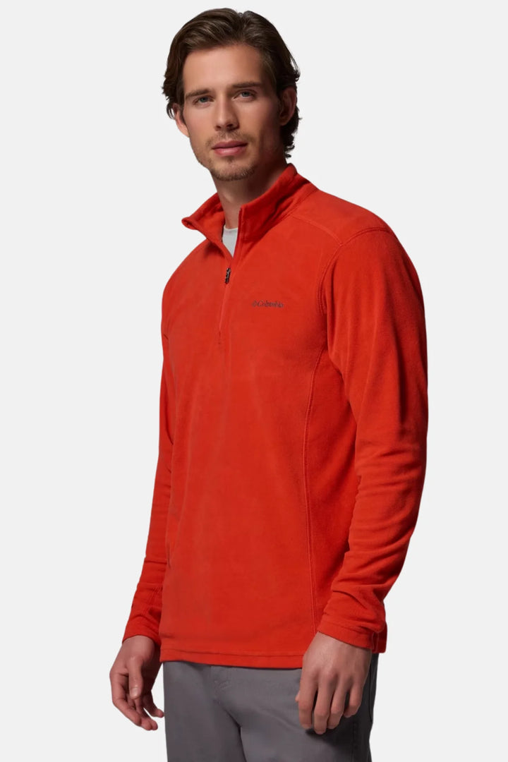 Red half-zip fleece top with stand collar and small chest logo