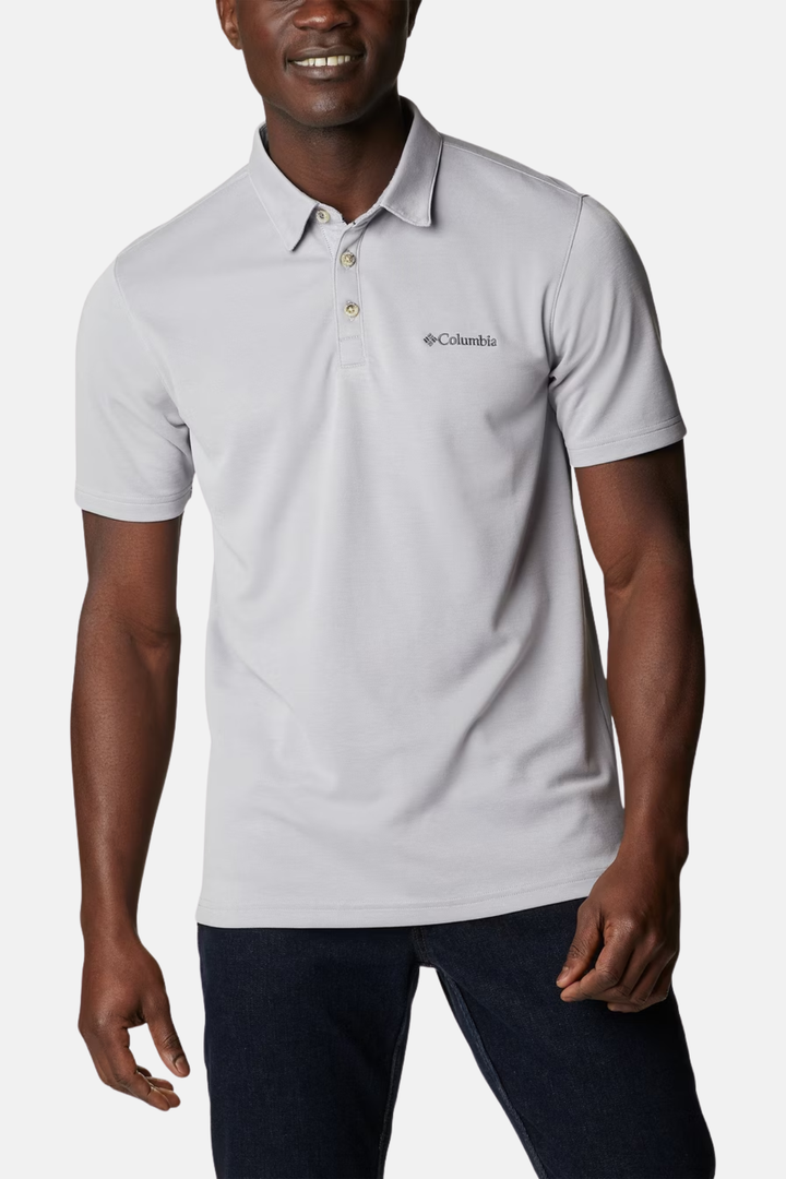 Light gray polo shirt with button placket and short sleeves, small chest logo