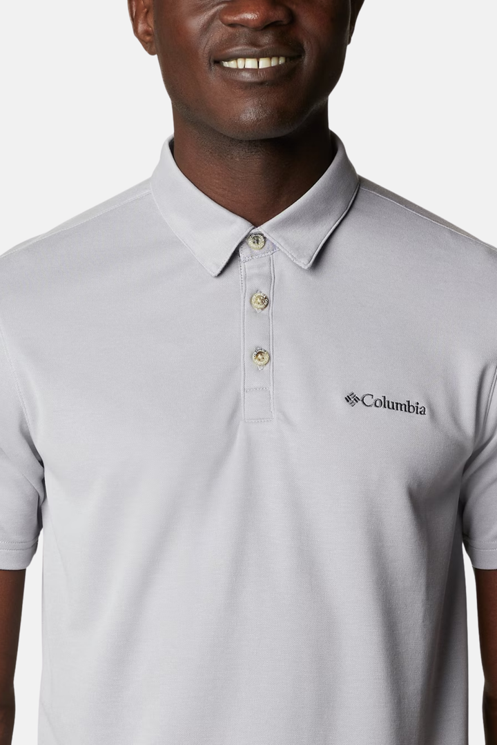 Light gray polo shirt with fold-over collar, three-button placket, chest logo