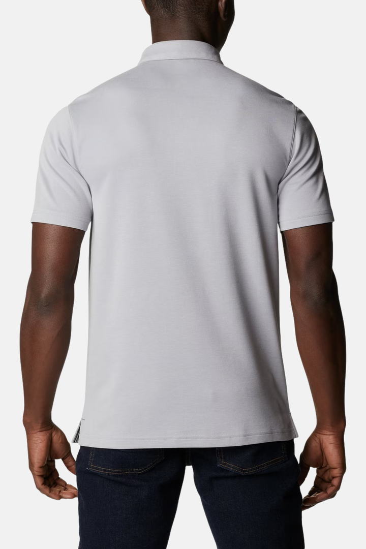 Light gray polo shirt with short sleeves, back view