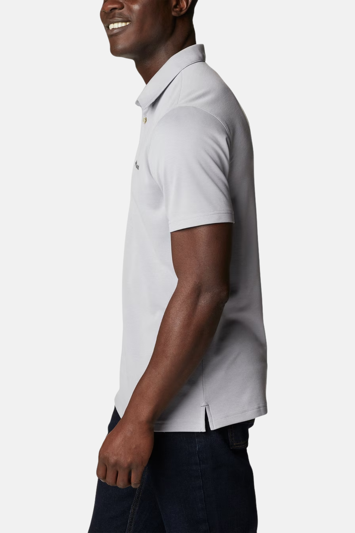 Light gray polo shirt, short sleeves, side view with button placket
