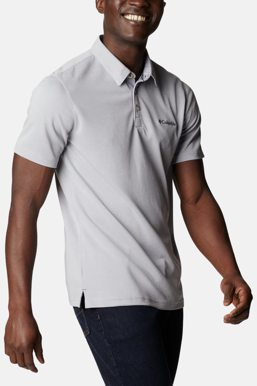 Light gray polo shirt with collar and three-button placket, small chest logo