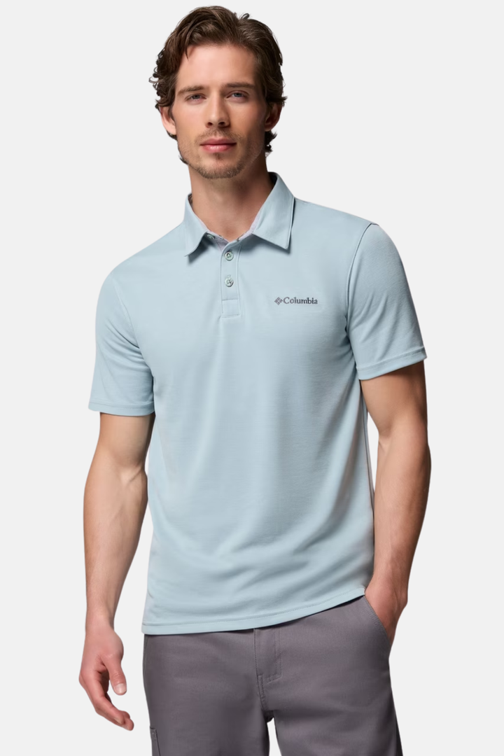 Men's Columbia Nelson Point polo shirt, light blue short-sleeve with button placket