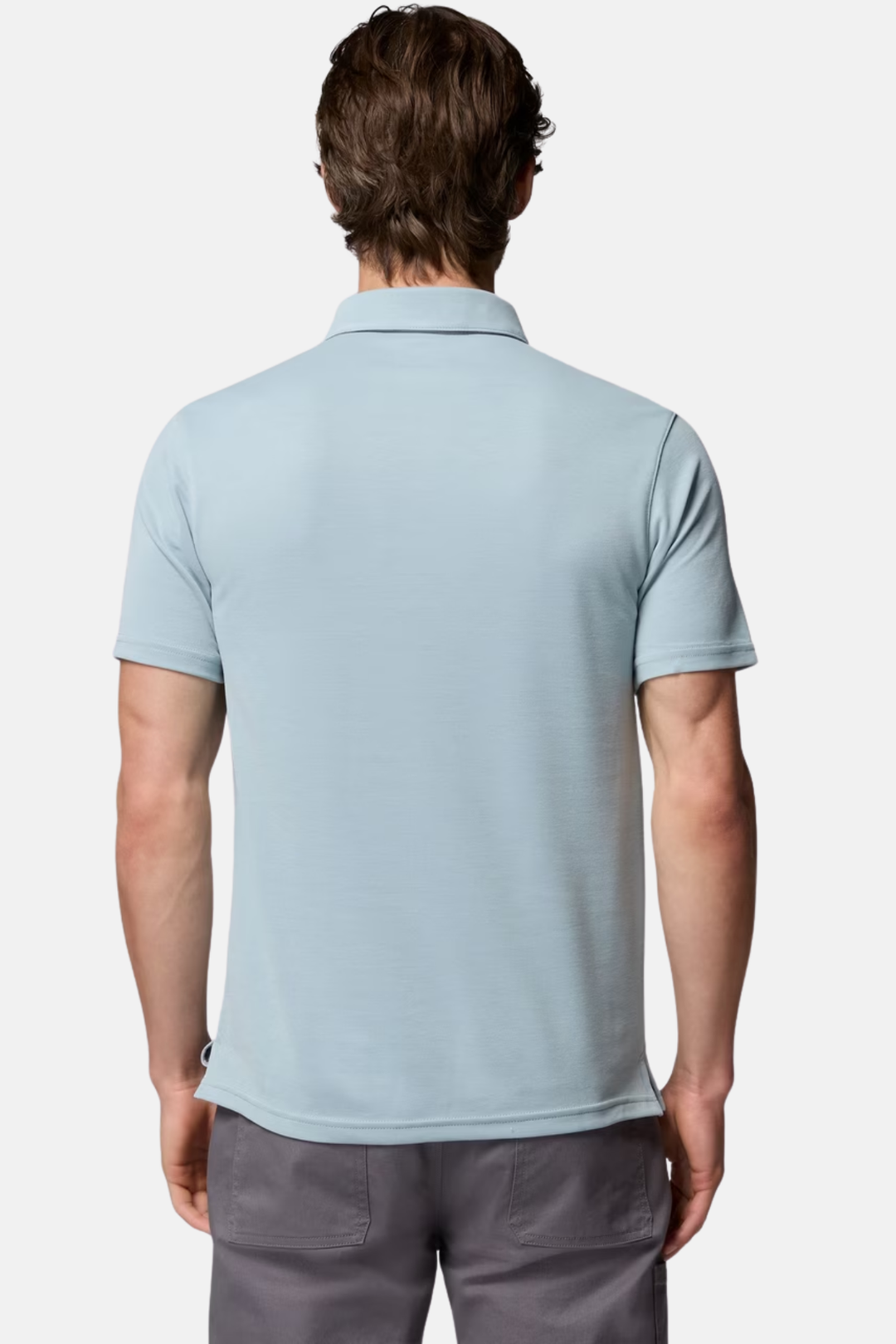 Men's light blue polo shirt back view with short sleeves and straight hem
