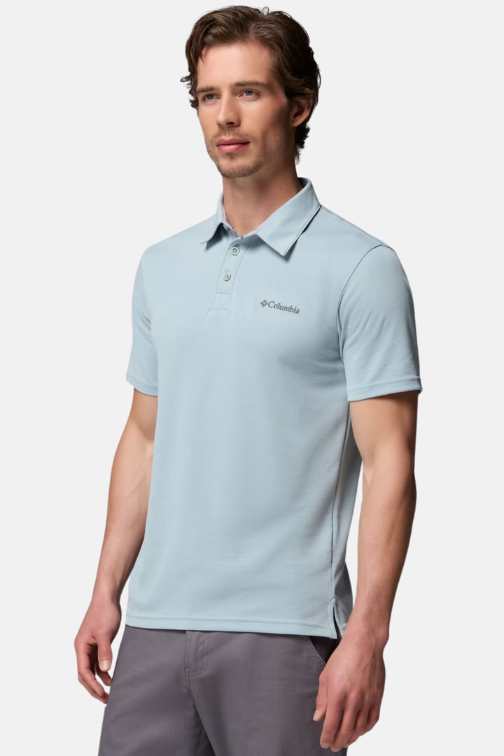Men's Columbia polo shirt in light blue with logo on chest and ribbed collar