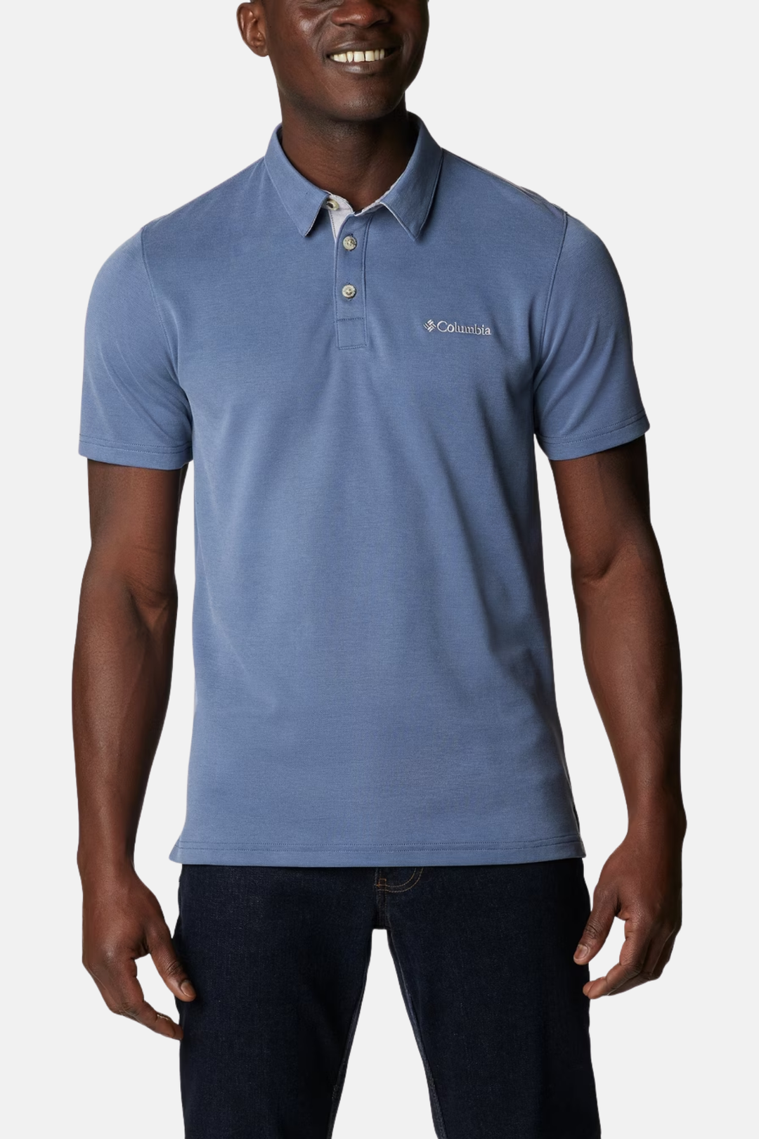 Men's blue polo shirt with button placket and Columbia chest logo
