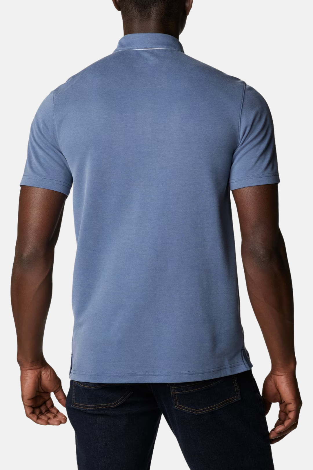 Blue polo shirt back view with no visible logo, short sleeves