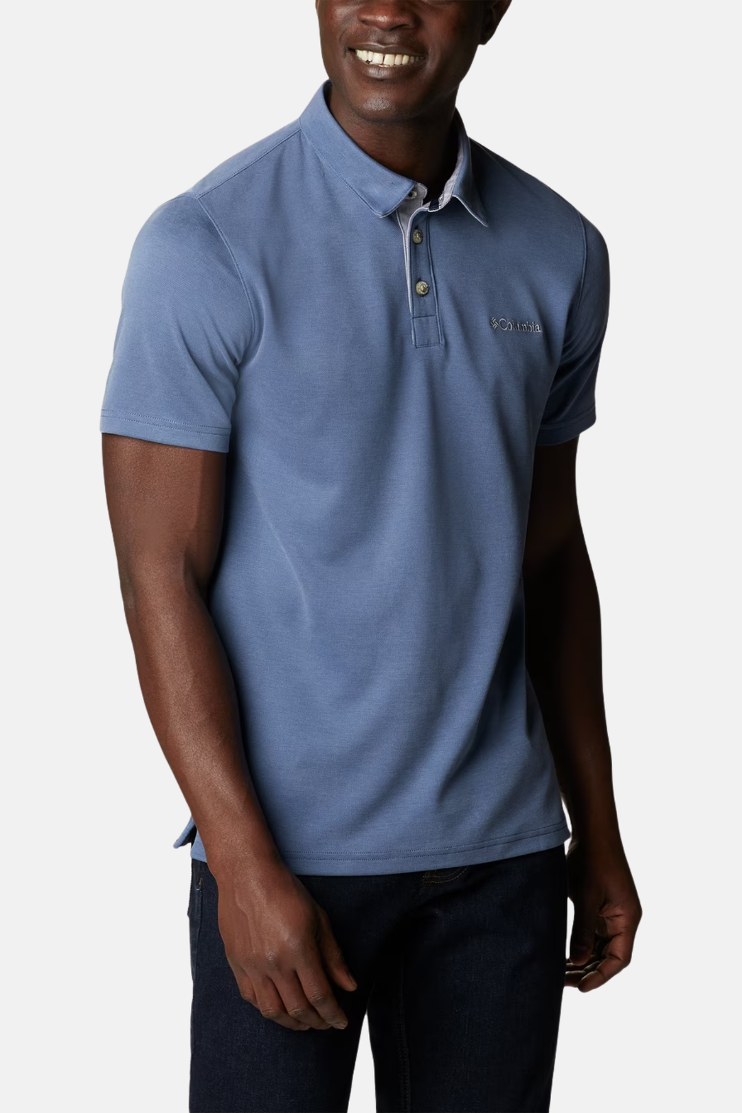 Blue polo shirt with short sleeves, three-button collar, and Columbia logo