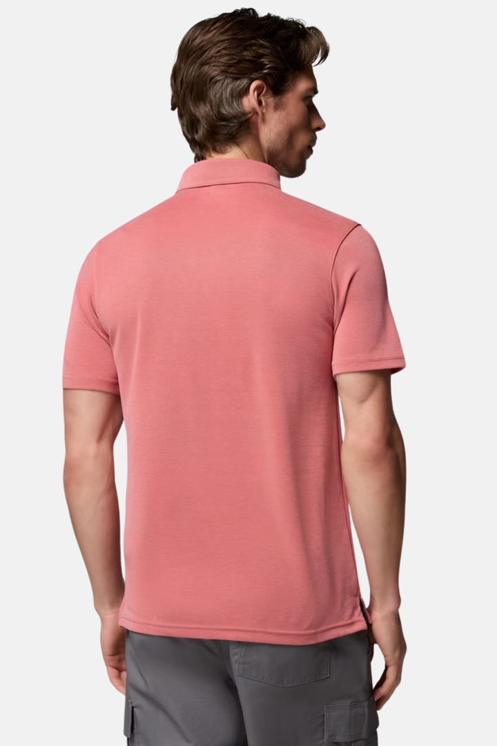 Washed red polo shirt back view with short sleeves and curved hem