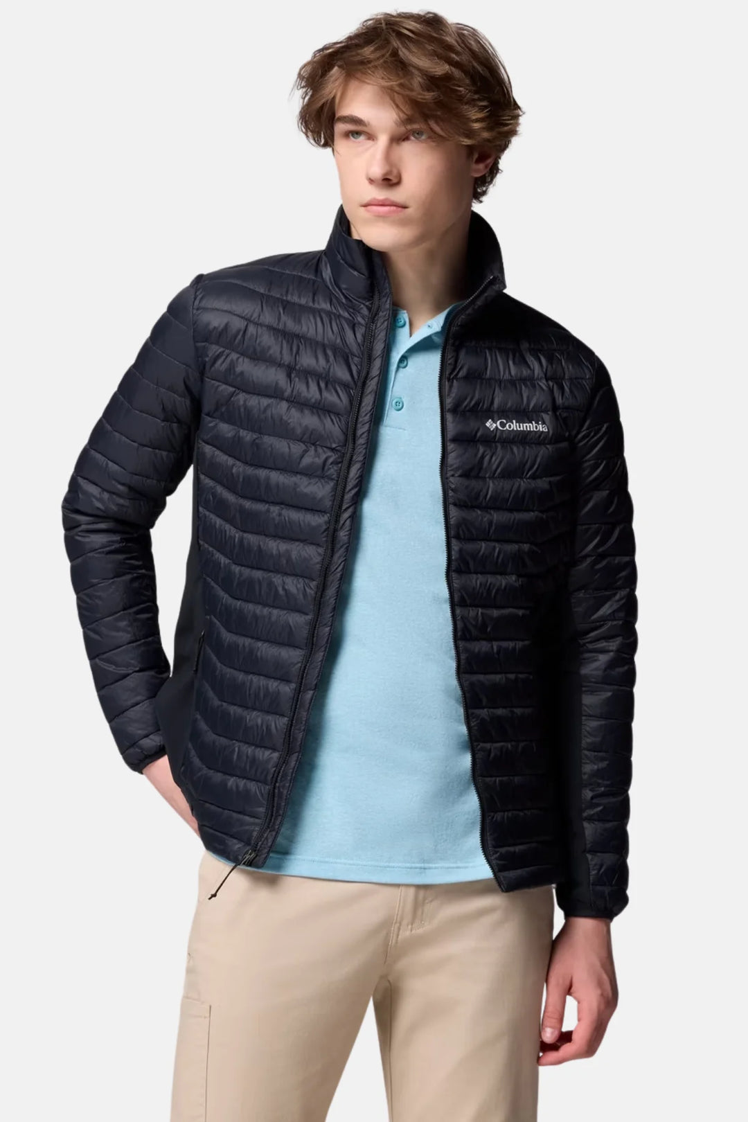 Black insulated puffer jacket with full-zip front and stand collar, logo chest patch