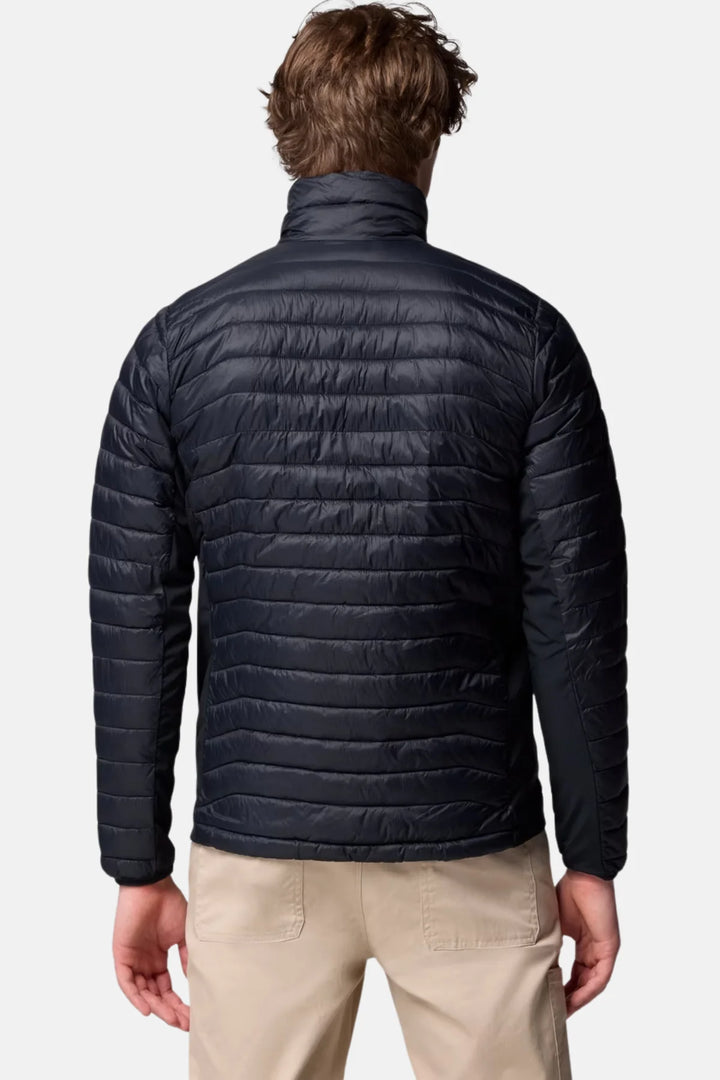 Back view of dark insulated puffer jacket with horizontal quilting and full-zip opening