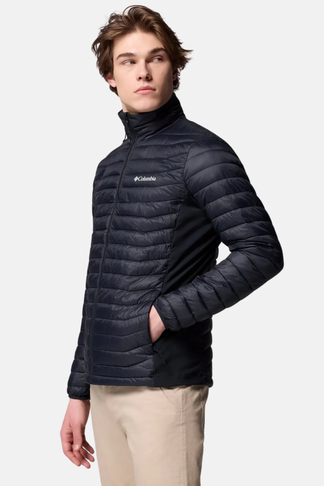 Dark insulated puffer jacket with stand collar and quilted horizontal baffles