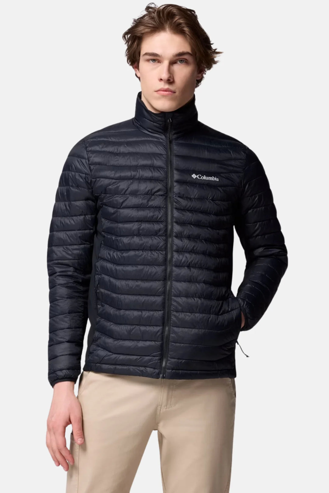 Dark insulated puffer jacket with stand collar and front zipper, logo on chest