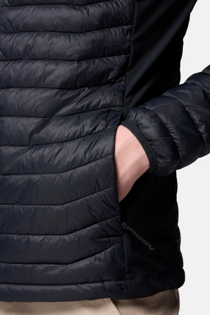 Close-up of dark insulated puffer jacket sleeve cuff and quilted outer shell