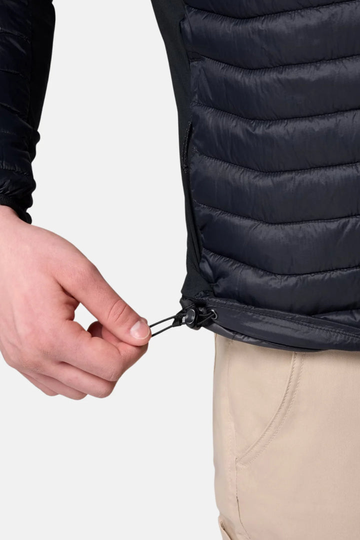 Dark insulated puffer jacket hem with side zipper and drawcord pull tab