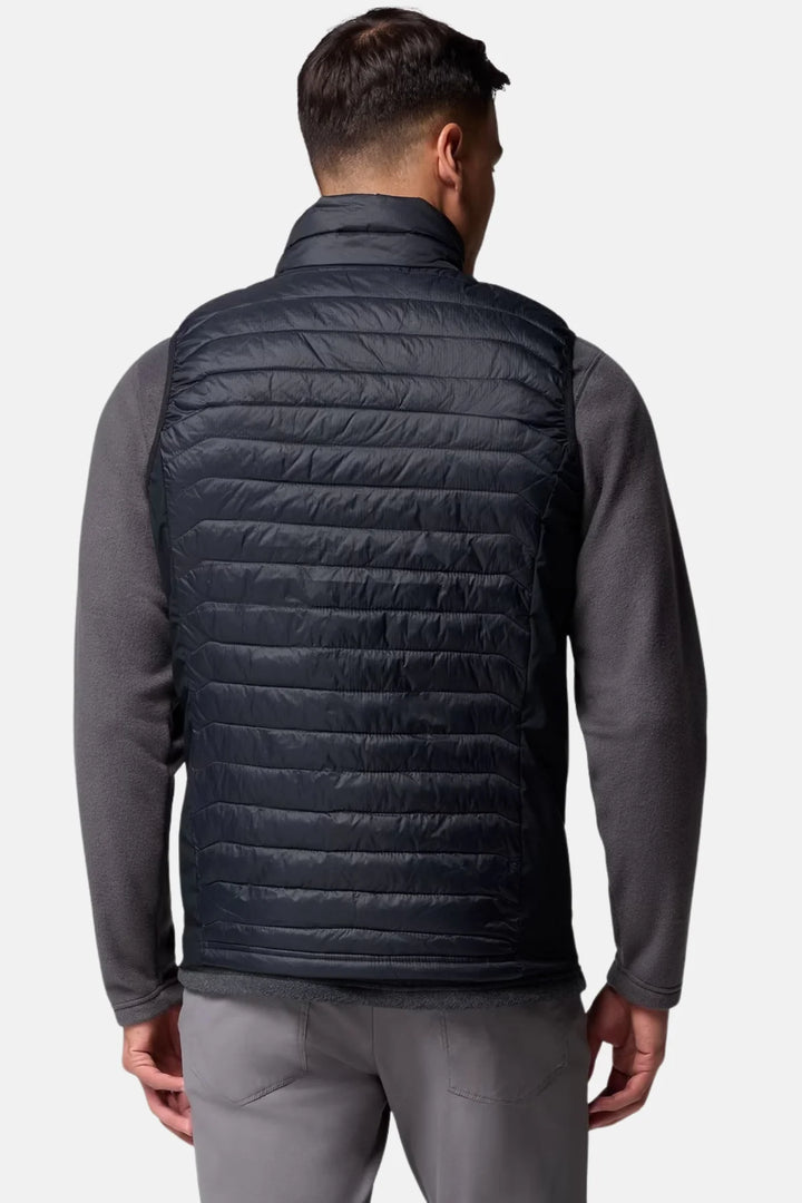 Black quilted puffer vest back view with horizontal baffles and stand collar