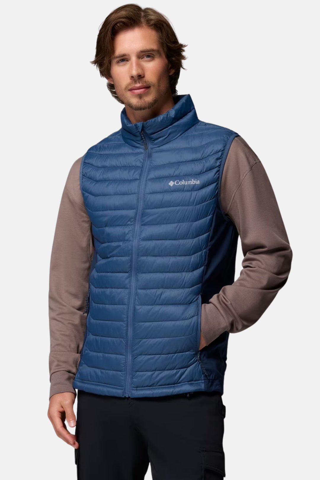 Men's blue quilted puffer vest with full zip and stand collar