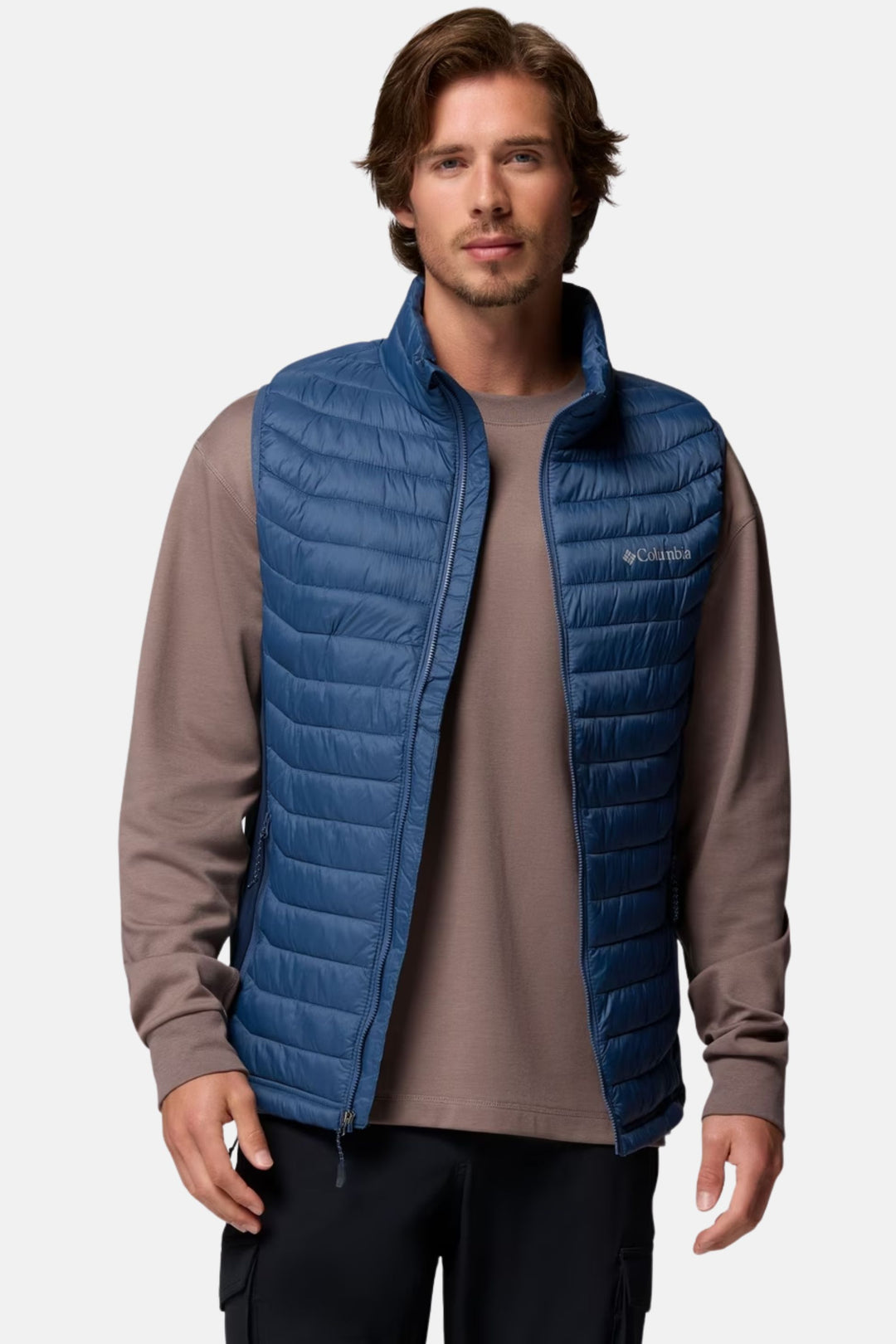 Men's blue quilted puffer vest with zip front and stand collar