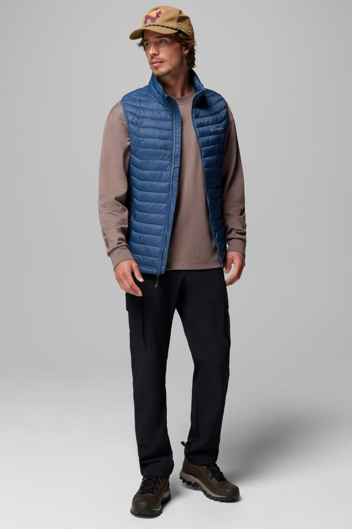 Men's blue quilted puffer vest with full front zip and stand collar