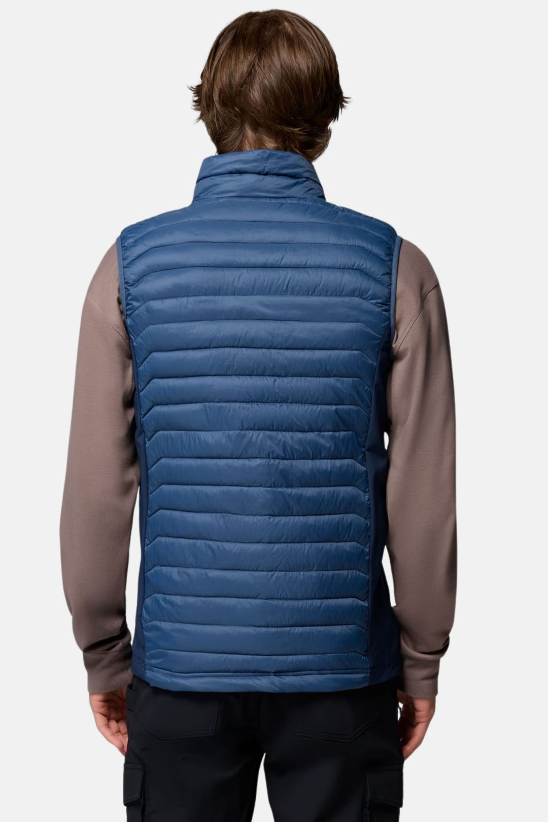 Men's blue quilted puffer vest back view with horizontal baffles